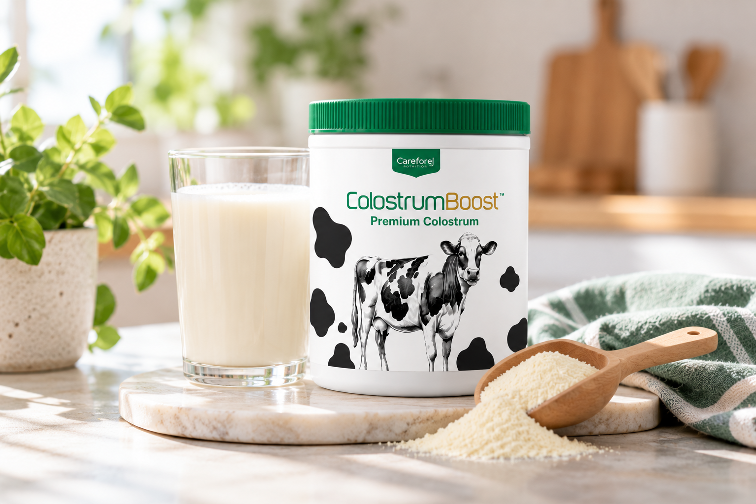 ColostrumBoost with milk in a natural breakfast setting