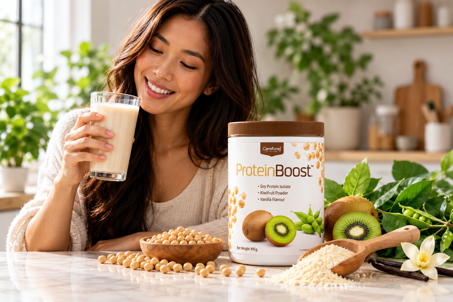 ProteinBooste with soybeans, kiwifruit and vanilla ingredients